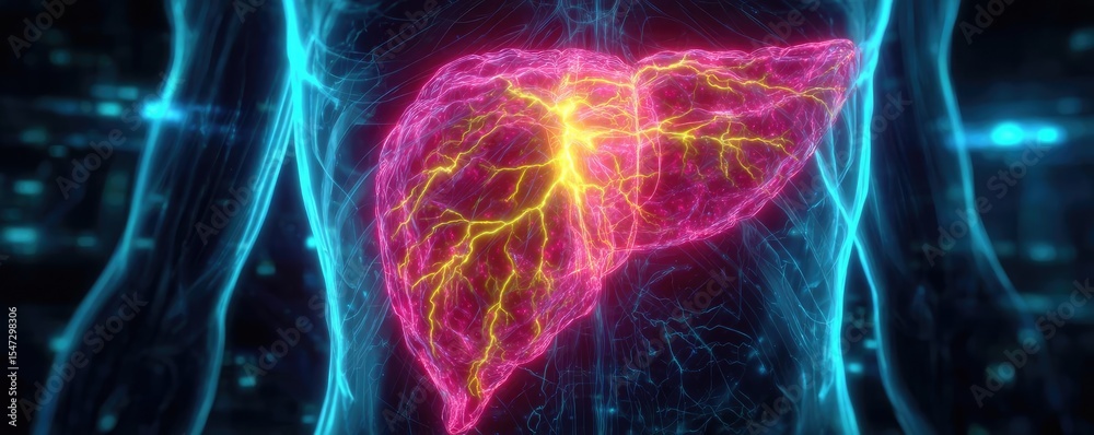 Poster Gallbladder blockage causes cramp and scan concept. Abstract visual of a glowing liver in a digital network.