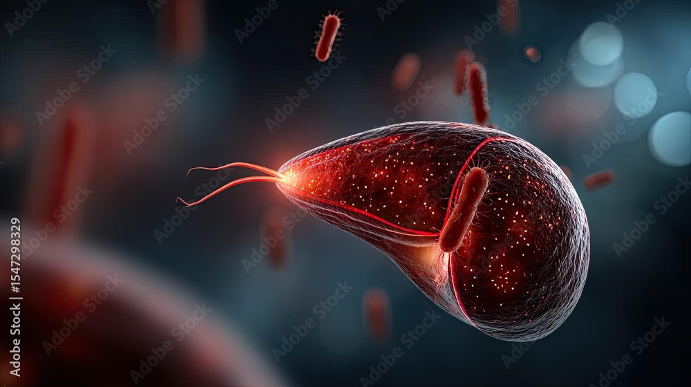 Poster gallbladder issue from blockage and infection concept. detailed illustration of a glowing bacterium 