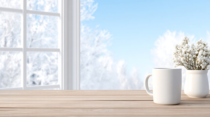 desk of free space and window of winter . Copy space image. Place for adding text and design