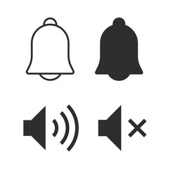 Notification bell icon and Sound volume icons set, Sound icon, volume symbol, speaker sign, alarm clock, vector icon