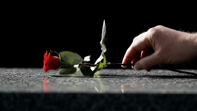 A red rose held in a hand above a dark stone surface