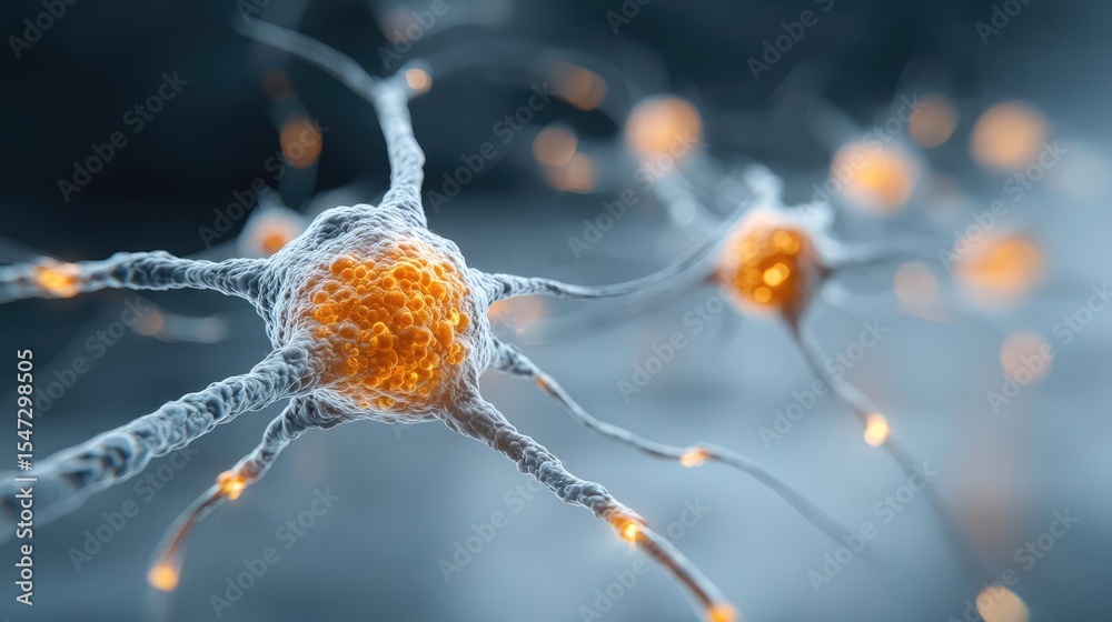 Aufkleber dopamine regulation and pathway disruption concept. a close-up view of glowing neurons in a digital 