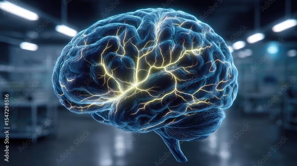 Poster Dopamine regulation and pathway disruption concept. Illuminated digital brain representation in a laboratory setting.