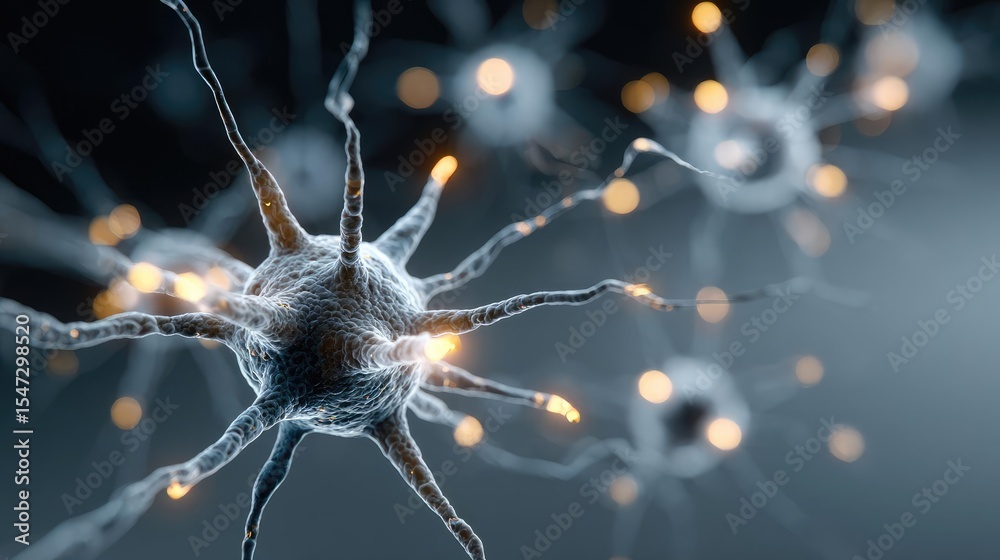 Poster Dopamine regulation and pathway disruption concept. Close-up view of neurons with glowing connections in dark background.