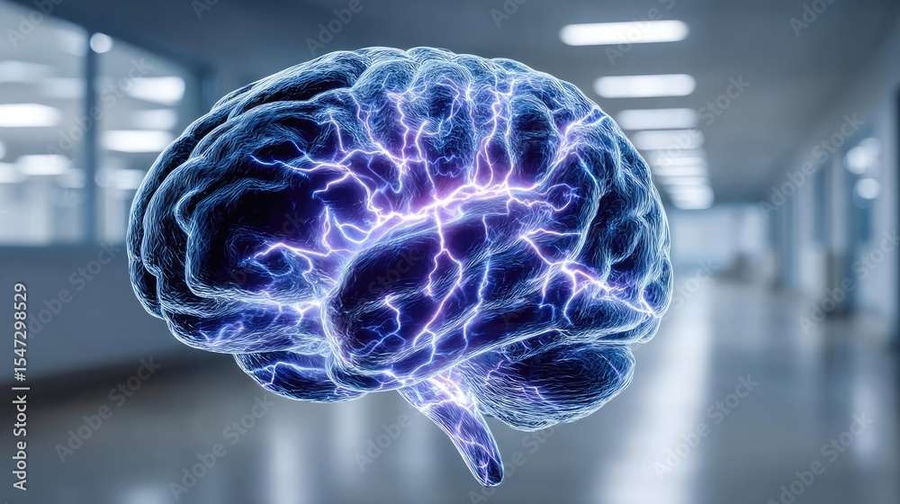 Poster dopamine regulation and pathway disruption concept. a glowing brain model illustrating neural connec
