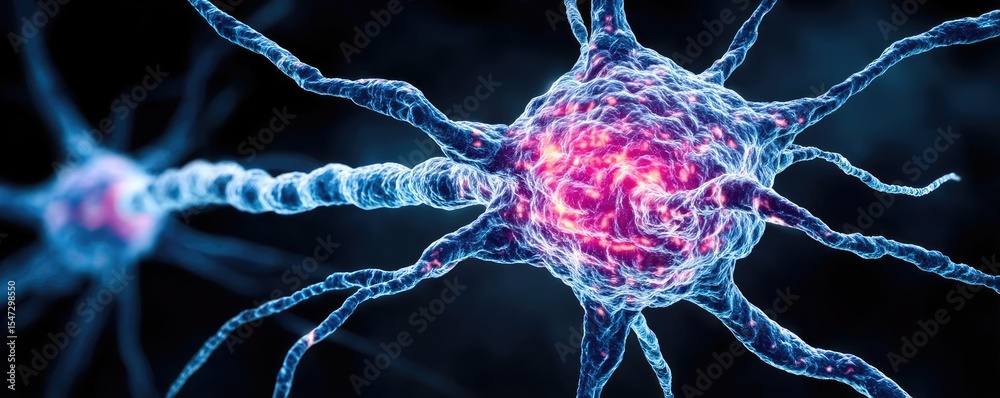 Aufkleber Neurotransmitter imbalance affects dopamine pathway concept. Close-up view of a neuron showcasing its intricate structure.