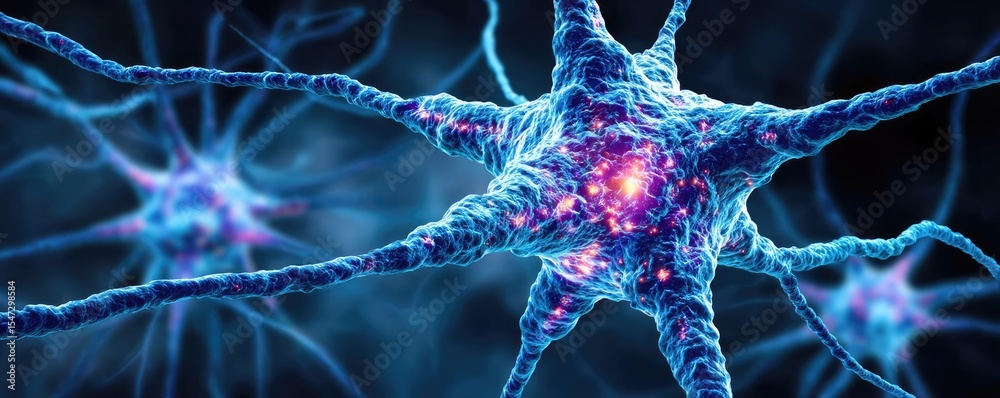 Poster neurotransmitter imbalance affects dopamine pathway concept. close-up of vibrant neurons showcasing 