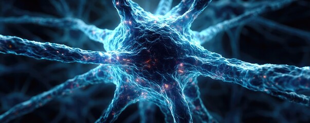 Neurotransmitter imbalance affects dopamine pathway concept. Detailed illustration of a neuron with glowing connections.