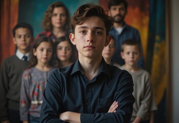 Fototapeta premium Teenage boy standing confidently in front of a family portrait