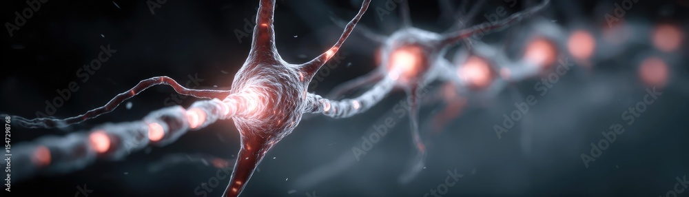 Poster Neurotransmitter imbalance affects dopamine pathway concept. Close-up view of neurons showing intricate connections and activity.