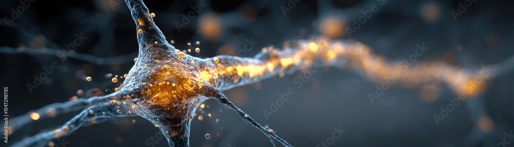 Poster Neurotransmitter imbalance affects dopamine pathway concept. Close-up view of interconnected neurons in a dark backdrop.