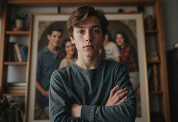 Fototapeta premium Teenage boy posing in front of a family portrait, showcasing connection and love