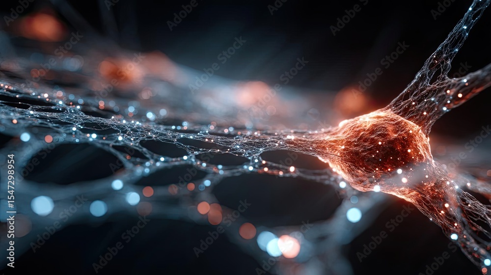 Aufkleber Neurotransmitter imbalance affects dopamine pathway concept. Close-up view of interconnected neurons with glowing signals.