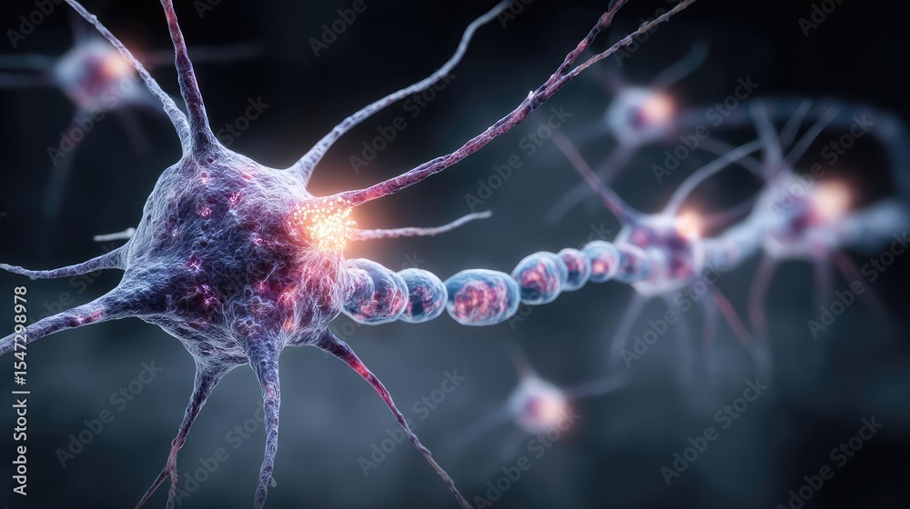 Poster Neurotransmitter imbalance affects dopamine pathway concept. Microscopic view of a neuron illustrating neural connections.