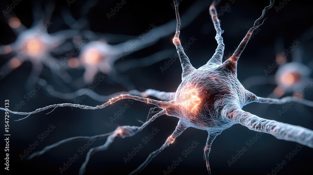 Poster Neurotransmitter imbalance affects dopamine pathway concept. Detailed view of neurons showcasing their intricate structures.