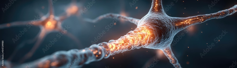 Poster Neurotransmitter imbalance affects dopamine pathway concept. Close-up of neurons demonstrating neural connections and activity.