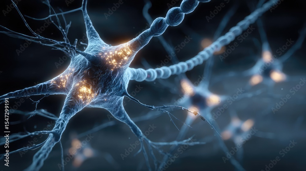 Poster Neurotransmitter imbalance affects dopamine pathway concept. Close-up of interconnected neurons glowing in a dark background.