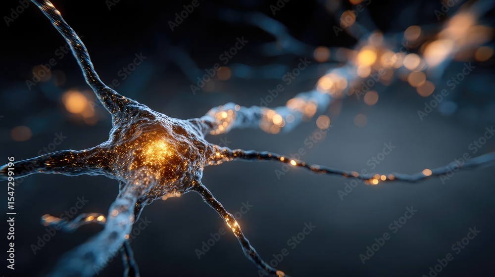 Aufkleber Neurotransmitter imbalance affects dopamine pathway concept. Close-up view of a neuron with glowing connections and synapses.