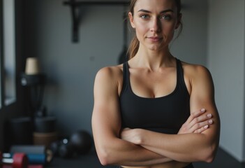 Confident woman in sportswear standing in her home gym