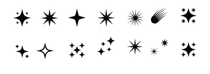 Assorted black star and comet icon set with various cosmic shapes and sizes on white background for design, astronomy, and decoration
