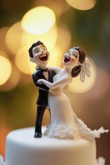 Bride and groom wedding cake topper celebration with joyful smiles and rich bokeh background, perfect for marriage, love, and wedding photography themes.