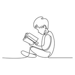 Continuous line of boy reading a book sitting on the floor. One line drawing of happy boy studying. Single line vector illustration. Isolated white background.