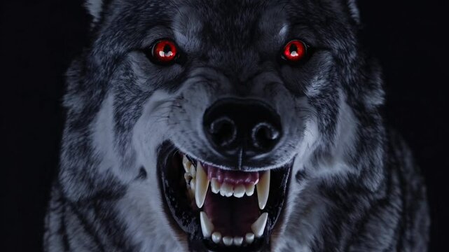 Ferocious dark gray wolf with glowing red eyes baring teeth in aggressive snarl, symbolizing wild danger, predator instinct, power, fear, and dark fantasy creature concept