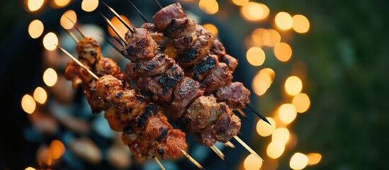 Succulent grilled meat skewers with bokeh lights for festive outdoor dining