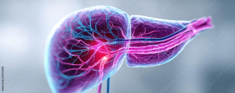 Poster Gallbladder blockage causes cramp and scan concept. Anatomical illustration highlighting the liver's function.