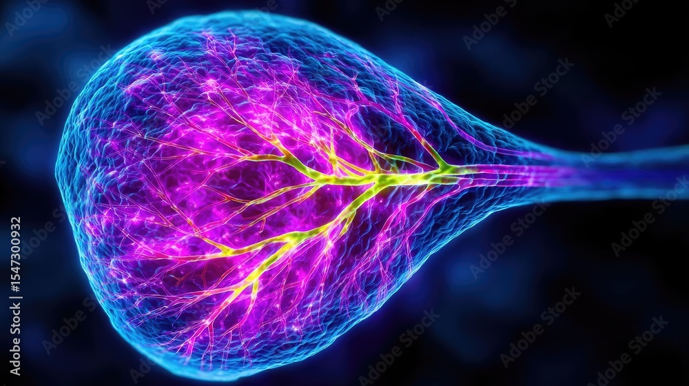 Poster Gallbladder issue from blockage and infection concept. A vibrant depiction of a neuron with intricate details and colors.