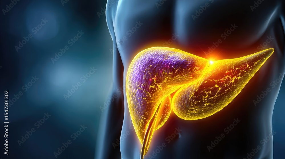Poster gallbladder issue from blockage and infection concept. illustration of a glowing human liver showing