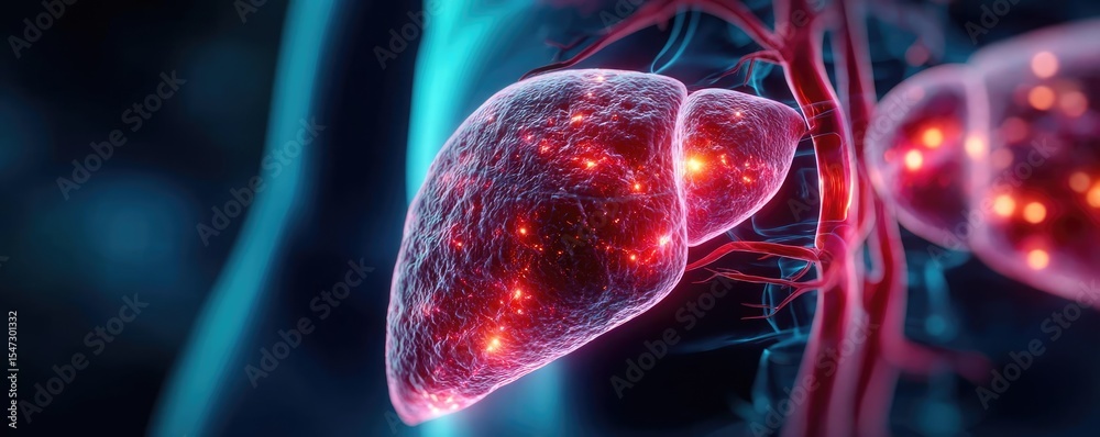 Poster Gallbladder blockage causes cramp and scan concept. 3D depiction of human liver with vascular structures highlighted.