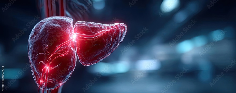 Poster gallbladder blockage causes cramp and scan concept. intricate digital illustration of human liver an