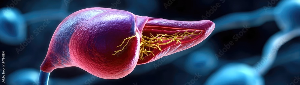 Poster gallbladder blockage causes cramp and scan concept. detailed illustration of a human liver with intr