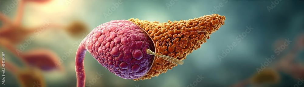 Poster Gallbladder blockage causes cramp and scan concept. Colorful microscopic view of a cell structure in detail.