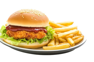 A chicken sandwich with lettuce and ketchup on it, sitting next to fries on an oval-shaped plate against a white isolated on a transparent background in PNG format