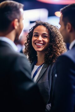 Business professionals networking during a corporate event with smiling woman in suit, teamwork collaboration, career success, and communication skills.