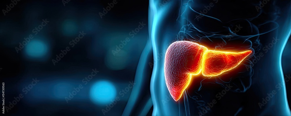 Poster Gallbladder blockage causes cramp and scan concept. Digital illustration of a human liver highlighting its functions.