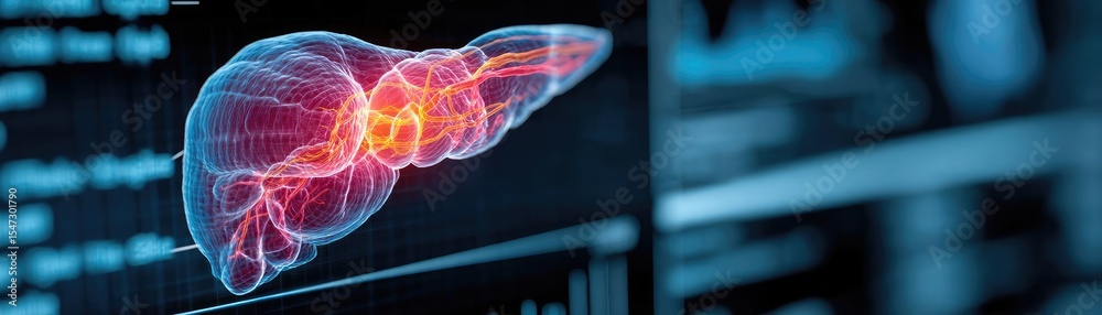 Aufkleber Gallbladder blockage causes cramp and scan concept. Illustration of a human liver with digital data overlay.