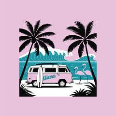 Retro car with palm trees ti shirt design.