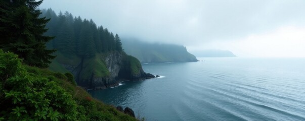 Misty Olympic Peninsula coastline, dramatic cliffs, evergreen trees, scenic, clouds