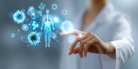 Medical professional pointing at glowing blue holographic virus cells and human body visualization floating in air, concept of modern healthcare technology.