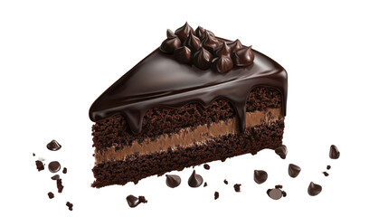 Obraz premium Slice of dark chocolate cake on white background