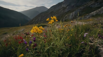 Obraz premium Sunset Over Blooming Wildflowers in a Mountain Meadow
