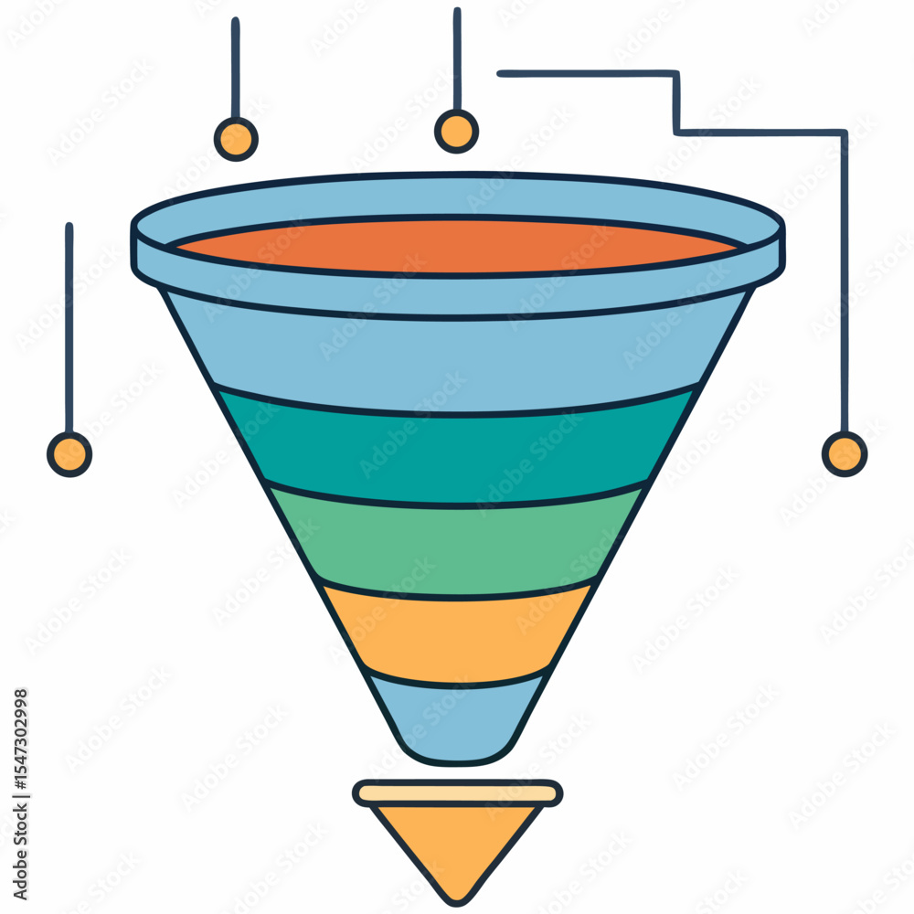 Poster visual representation of a business process or sales funnel with distinct stages and data flow