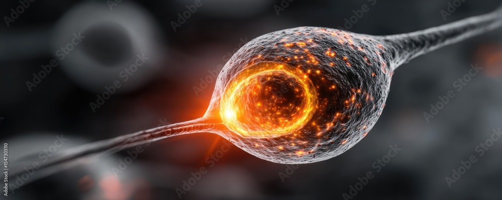 Poster Gallbladder issue from blockage and infection concept. Microscopic view of a glowing neuron in vibrant detail.