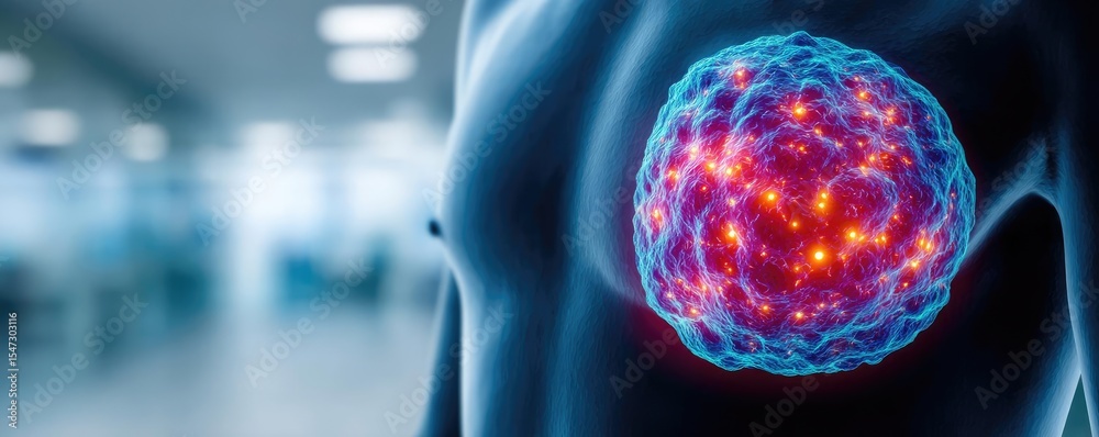 Poster Gallbladder issue from blockage and infection concept. Close-up of a glowing cell model in a biochemical environment.