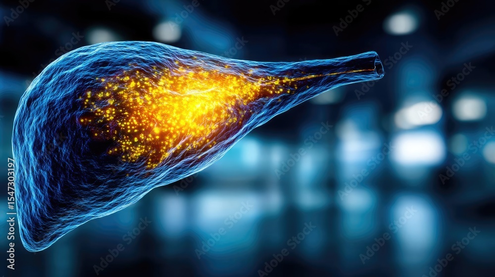 Aufkleber Gallbladder issue from blockage and infection concept. Conceptual visual of a glowing cell in a scientific environment.
