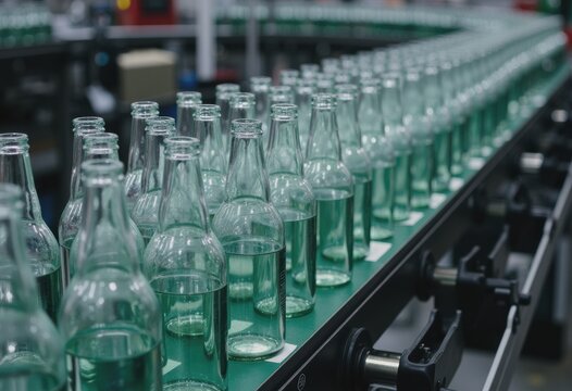 Conveyor belt filled with unlabeled glass bottles in a bottling plant
