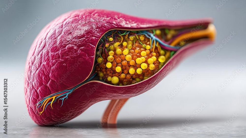 Poster gallbladder issue from blockage and infection concept. detailed illustration of a human liver with i